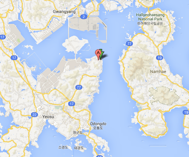 A map of Yeosu, with the accident location marked. Map via Google Maps.